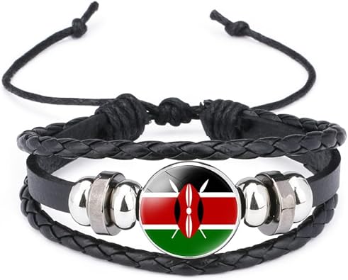 Fashion Kenya Flag Bracelet - African Flag Pattern Glass Pendant Leather Multi-Layer Woven Adjustable Bangle,P