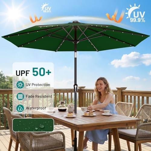 Image of AreShark 9FT Patio Umbrella with Solar Lights, 32 Lighted Pool Umbrella w /Tilt and Crank, Outdoor Market Solar Umbrellas for Garden, Deck, Backyard, Pool and Beach, Dark Green
