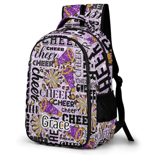 Cheer Cheerleader Backpack Cheerleading BookBag Custom with Padded Bag Name Cheer Team Spirit Gym Bag for Girls Teens, Water-Resistant School Backpack(Purple Yellow)2