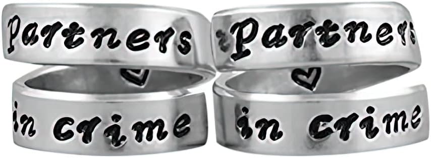 Partners in crime - Hand Stamped Spiral Wrap Rings Set of 2, Gift for Women, Sorority Sisters Friends BFF Friendship, Her Birthday Anniversary Valentines Christmas Bridesmaid