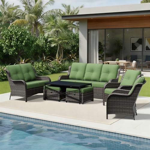 Image of Joyside 7 Piece Wicker Patio Furniture Set, Rattan Patio Chairs with High Back, Deep Seating, Wide Armrest, Thickened Cushions, Outdoor Furniture for Deck, Porch Use