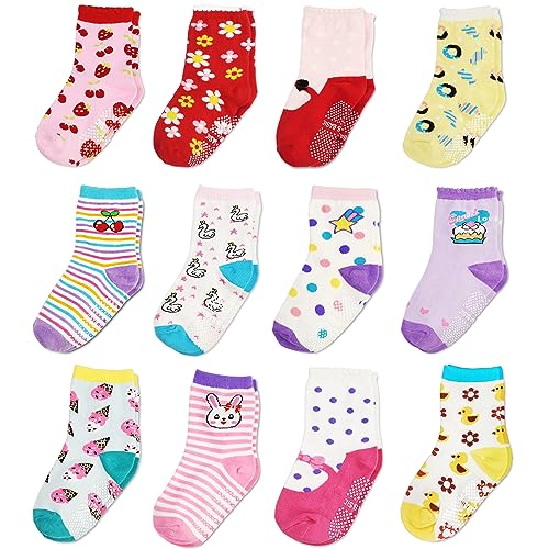 ELUTONG Baby Anti Slip Socks Non Skid Ankle Grips Sticky Slipper Socks for 0-7 Years Kids Girls Infant Toddler 12 Pairs