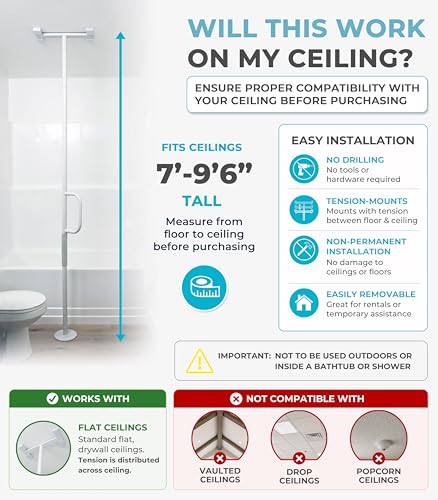 Image of Stander Single Handle Non-Rotating Floor to Ceiling Grab Bar, No-Drill Tension Mounted Transfer Pole for Seniors, Bath Safety & Bedside Assist Rail for Home Standing Support & Fall Prevention, White