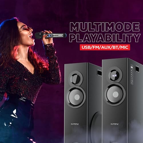 Image of Intex 1000-D Multimedia 100 Watt Bluetooth Tower Speaker | 2 Cordless Karaoke Mic & Party Speaker | LED Display & Triple Bass Boosted Drivers | Fully Remote Control (Black)
