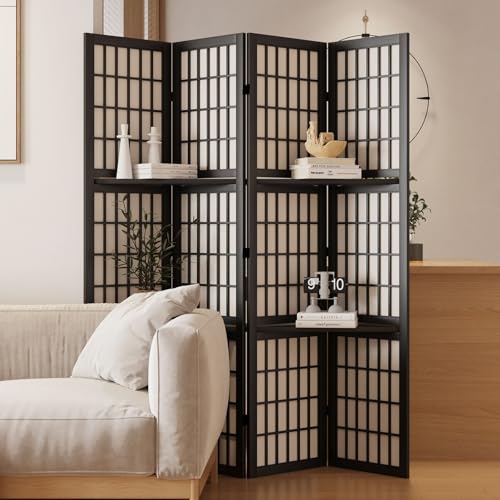 Room Divider with Shelves, 66.9-Inch Tall Japanese Shoji Style Wood Screen with Double Hinges for Home Office Bedroom Hotel Decoration (4 Panels, Black)