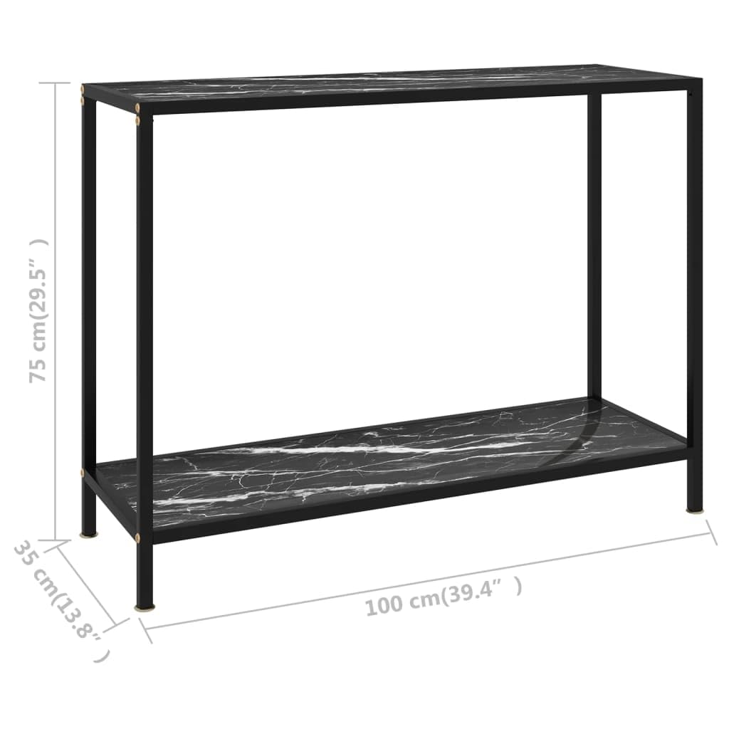 stolik konsolowy, czarny, 100 x 35 x 75 cm, szkło hartowane o wyglądzie marmuru, nowoczesny stolik pomocniczy do salonu, sypialni, korytarza, smukły design, wytrzymały