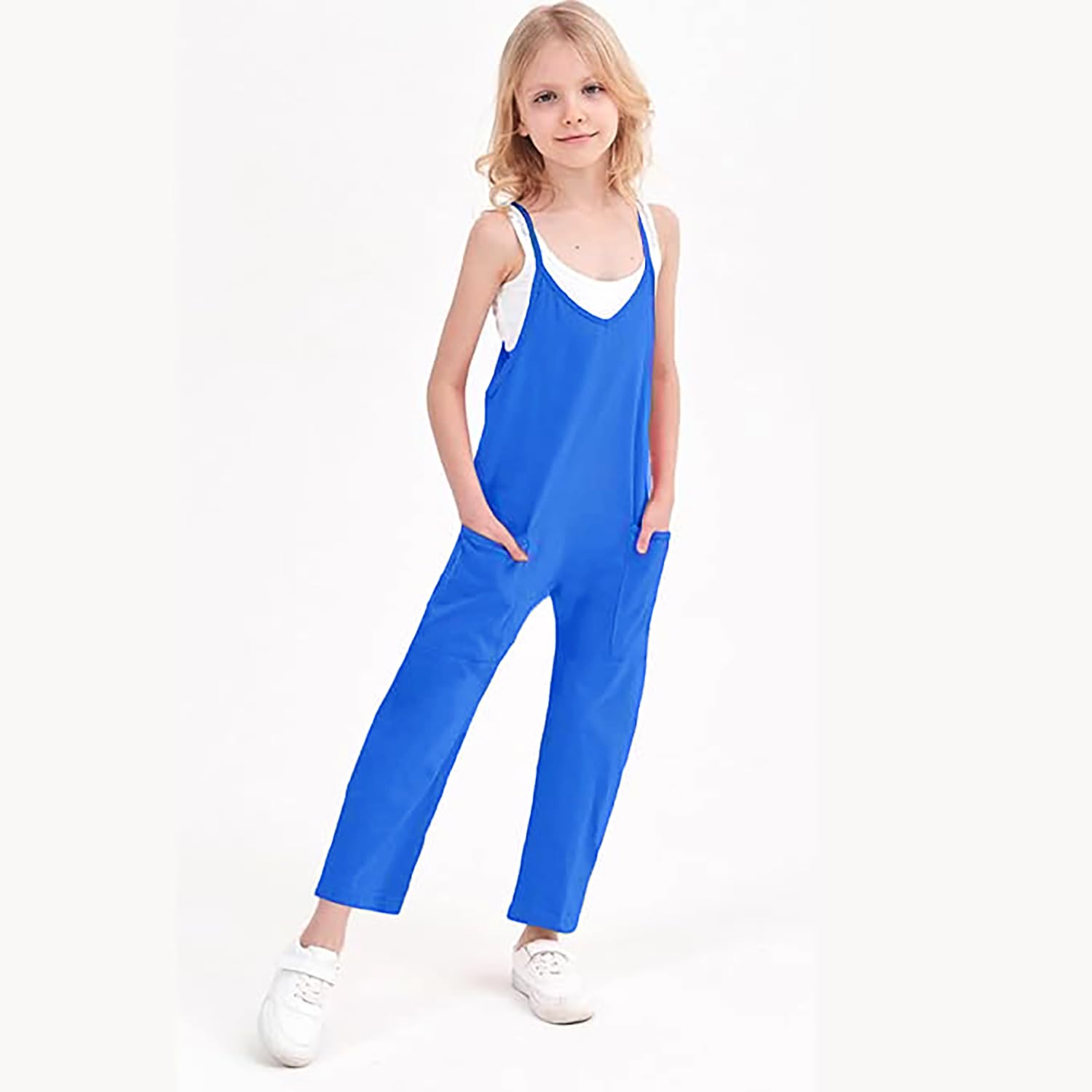Overol para niñas y niños, estilo casual, sin mangas, con tirantes delgados, pantalones largos con bolsillos