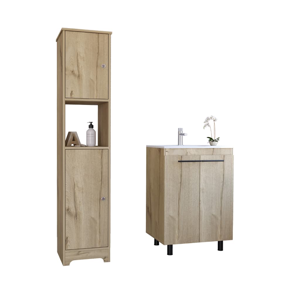2 Pcs Bathroom Set, Yaka Linen Cabinet + Dustin Free Standing Sink Cabinet, Light Oak