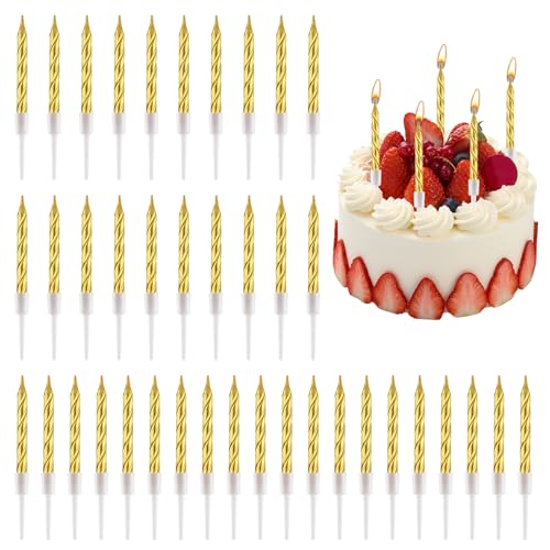 Conjunto de 50 velas de aniversário metálicas dourado de 7,2 cm para bolo, inclui suportes de plástico, perfeitos para decoração de festas, casamentos, aniversários, elegantes e biodegradáveis