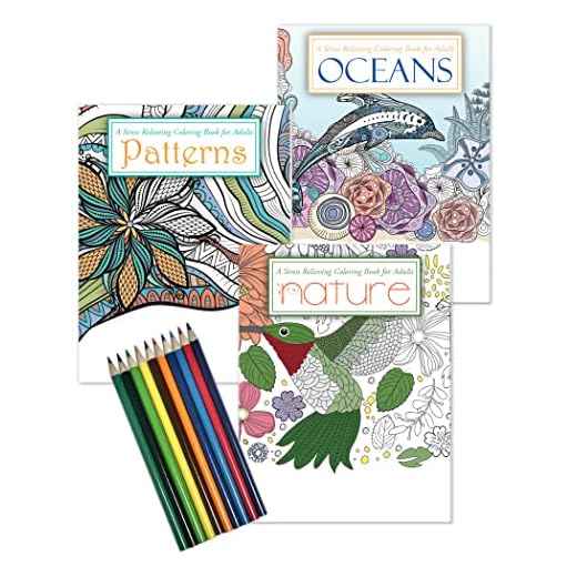 Gift Pack: 3 Adult Coloring Books Set with Colored Pencils - Oceans, Patterns, and Nature Coloring Books - Includes 10 Pre-sharpened Coloring Pencils
