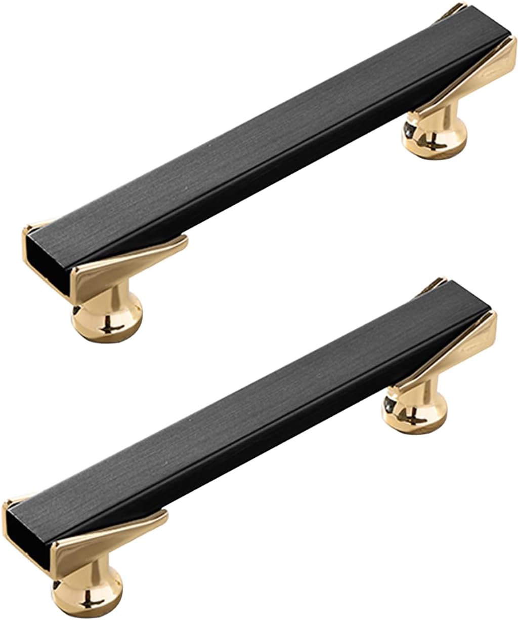 2 Pack Matte Black and Gold Cabinet Pulls Kitchen Cabinet Handles Modern Dresser Drawer Knobs for Bathroom Bedroom Closet Zinc Alloy Furniture Pulls (Overall Length 4.92in/125mm)