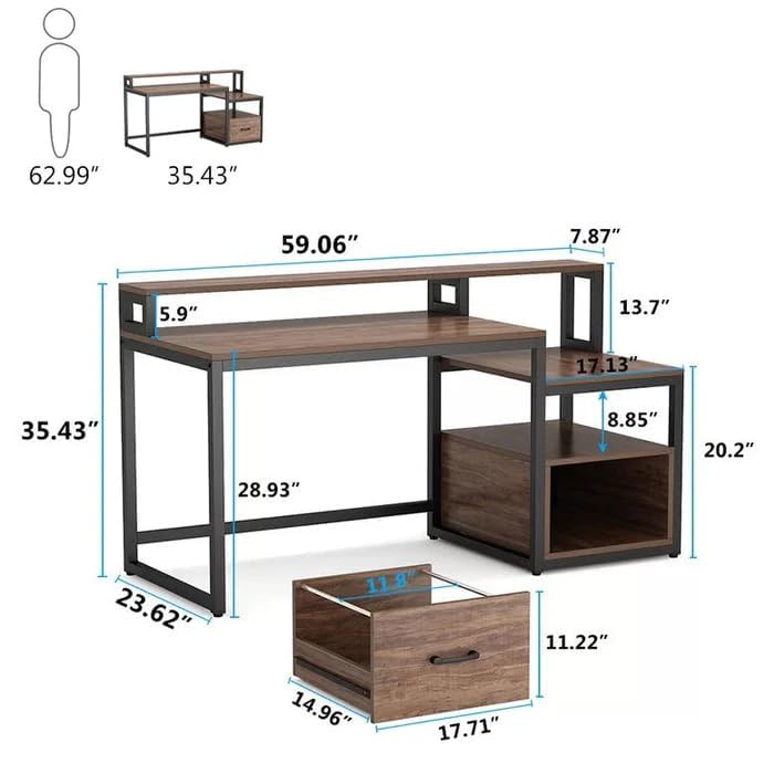 Image of Klaxon Engineered Wood Iron Study Table with Drawer, Multi-Usage Laptop Desk & Home Office (Printo-FD, DIY Installation)