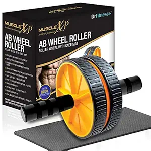 MuscleXP DrFitness+ AB Wheel Roller With Knee Mat, Stainleess Steel Rod, 6mm Knee Mat, To Tighten Abs, Strengthen Core Muscles, Tone Arms, Shoulder, Back (Black/Yellow)