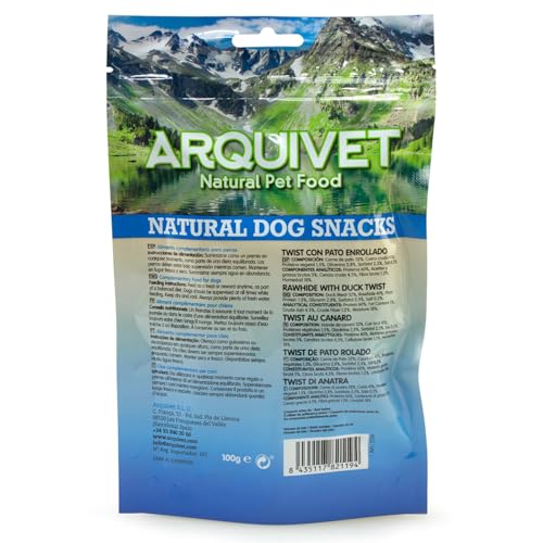 Arquivet Twist Ente Roll, Natürliche Snacks für Hunde, 100% natürlich und frisch, Reich an Eiweiß und fettarm, 13 cm, 100 g