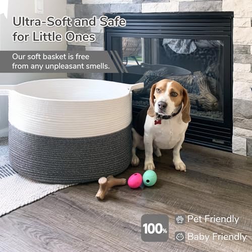Image of INDRESSME XXXLarge Cotton Rope Basket 21.7 inch x 21.7 inch x 13.8 inch Woven Baby Laundry Baskets Blanket Basket Toy Baskets with Handle Storage Comforter Cushions Gray Laundry Hamper