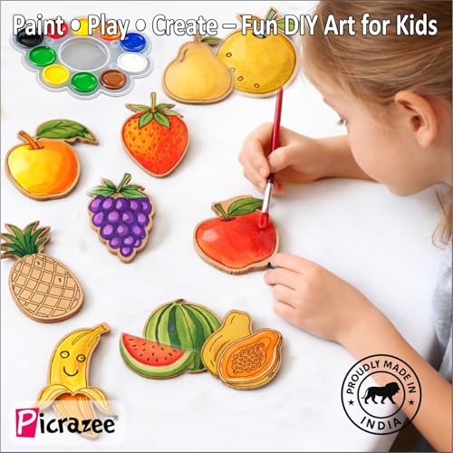 Image of PICRAZEE DIY Kit for Kids & Adults - Fruit Fridge Magnet Painting Kit (10 Designs) | Ready-to-Paint 5.5 mm Thick Wooden DIY Craft Kit with Colors, Brushes & Magnets | Screen-Free Activity (Fruits)
