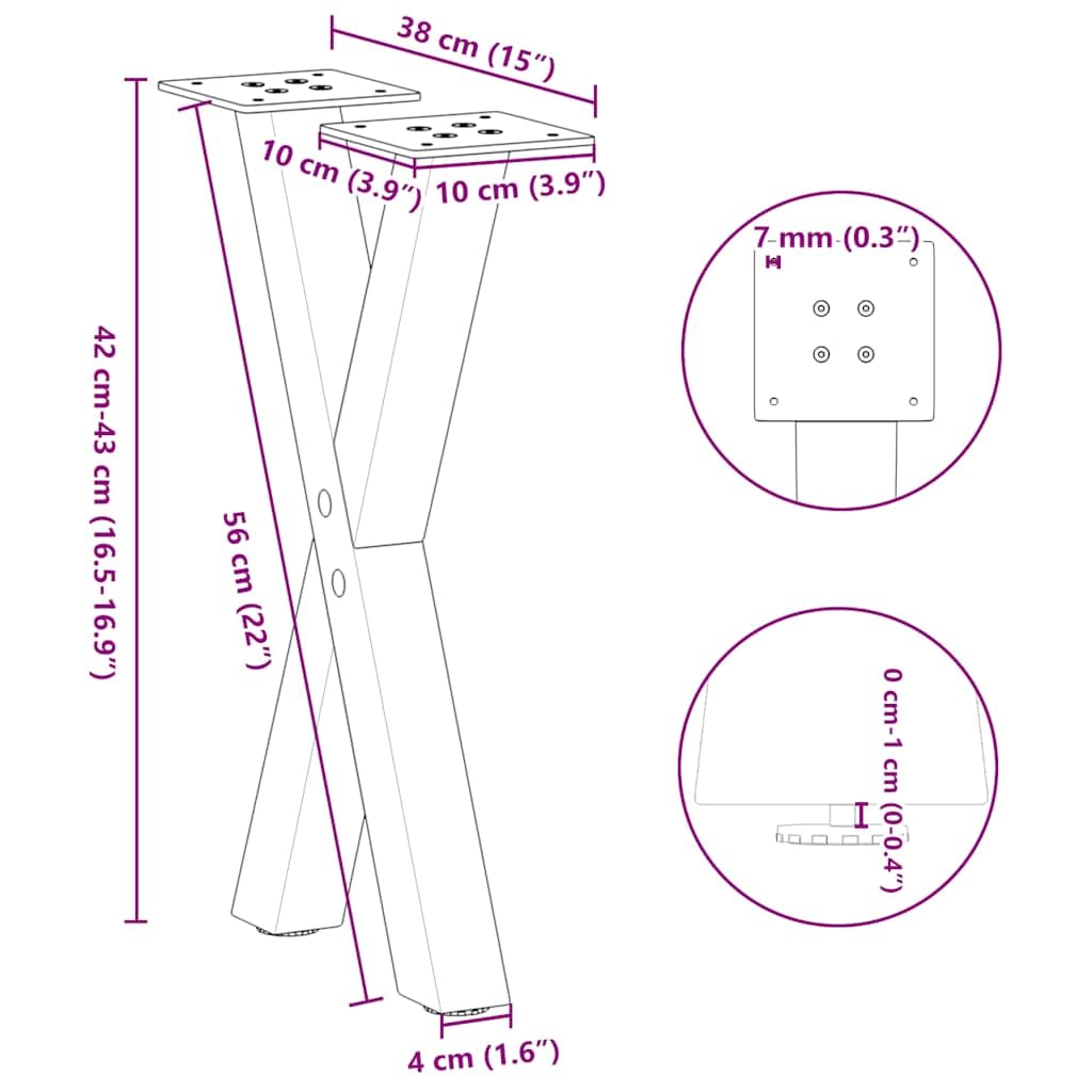 Patas de mesa de café en forma de X, 2 unidades, acero con recubrimiento en polvo, color antracita, 38 x (42 – 43) cm, con patas niveladoras ajustables, pie de rosca para mesa de café, mesa