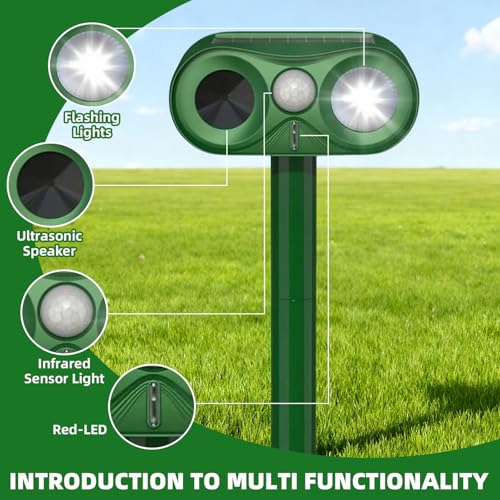 Upgraded Ultrasonic Animal Repeller,Solar Powered Cat Repellent Outdoor,Deer Deterrent with LED Flashing Motion,Sensor and Sound,Waterproof Bird Repeller for Squirrel, Rabbit Garden Courtyard Green - Image 4
