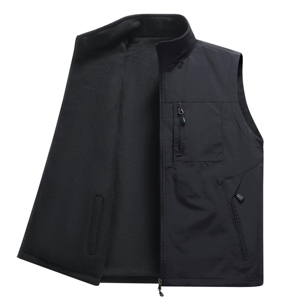 Negro,L, Chaleco de Hombre con Forro Polar Sherpa, Chaleco Polar para Hombre con MúLtiples Bolsillos, Chalecos Utilitarios Impermeables para Viajes de Invierno
