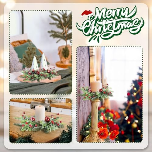 Image of 6 Pcs Christmas Candle Rings Wreaths Artificial Snowy Pine Cedar Red Berry Clusters Candle Rings Wreaths Mini Christmas Balls Wreath for Xmas Winter Front Door Window Decorations