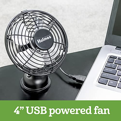 Holmes 4" Mini Heritage Desk Fan, Usb-Powered, Single Speed, 4 Blades, Adjustable 100° Head Tilt, Metal Construction, Ideal For Home, Dorm Rooms, Bedrooms, Office Or Travel, Vintage Matte Black #TOP3