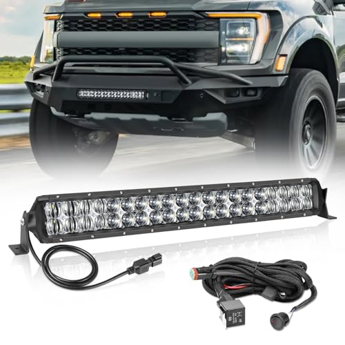 Image of 20 Inch LED Light Bar Kit with Wiring Harness 5D Optics Lens | 200W Double Row LED, Spot Flood Combo Offroad Driving Light Super Bright Bumper Grille Light Bar for Trucks Pickup SUV UTV