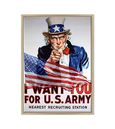 QUADRO SU TELA CANVAS INTELAIATO - CON CORNICE - I WANT YOU - USA ARMY - America Propaganda - 50x70cm - Stile Moderno Legno Naturale - (cod.1075)