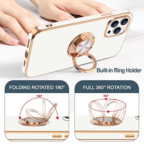 Hython Case For Iphone 14 Pro Case With Ring Stand [360° Rotatable Ring Holder Magnetic Kickstand] [Support Car Mount] Plated Gold Edge Slim Soft Tpu Luxury Protective Phone Case Cover, White #TOP3