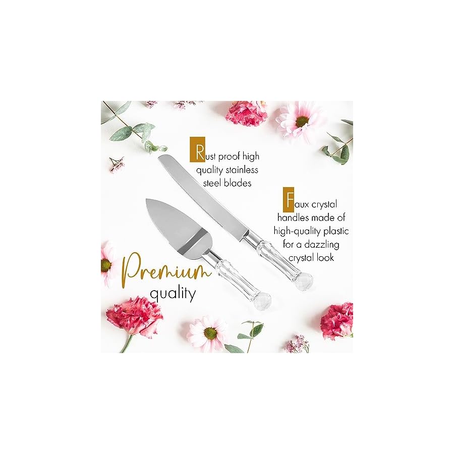 Wedding Cake Knife and Server Set, Cake Cutter and Pie Spatula, Cake Server and Knife Set of 2 with Crystal Handles, 1.2mm Thick Blades, Cutting Set for Birthdays, and Parties (Crystal Silver)