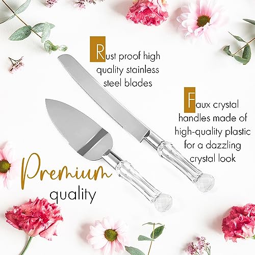 Wedding-Cake-Knife-and-Server-Set-Cake-Cutter-and-Pie-Spatula-Cake-Server-and-Knife-Set-of-2-with-Crystal-Handles-12mm-Thick-Blades-Cutting-Set-for-Birthdays-and-Parties-Crystal-Silver