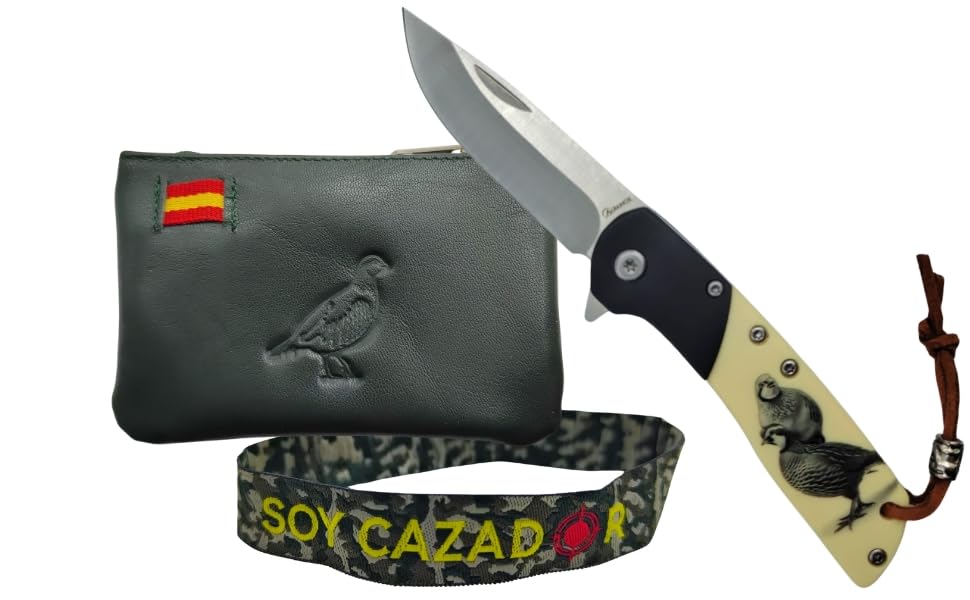 TORO SURVIVAL Navaja con Dibujo de Animales y Caza + Monedero de Piel + Pulsera de Tela. Perfecto para Cazadores, Taurinos, Patriotas, Etc... (PERDIZ ABS NEGRA)
