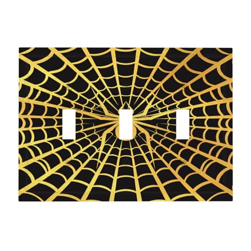 Decorative Switch Plate Covers Black Background with Golden Spiderweb Spider 3 Gang Light Switch Cover Plate Triple Toggle Wall Plate Light Switch Covers for Bedroom Home Decor