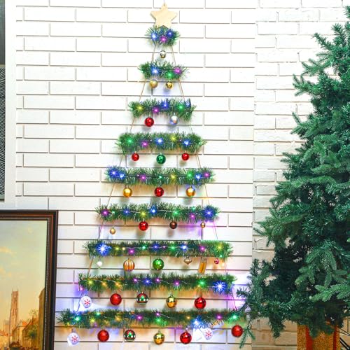 60 Inch Wall Hanging Mounted Christmas Trees Wood Ladder Tree Wall Hanging Christmas Decor with 19.6ft Christmas Metallic Tinsel Twist with LED Lights Metal Hooks for Rustic Holiday Party Supply