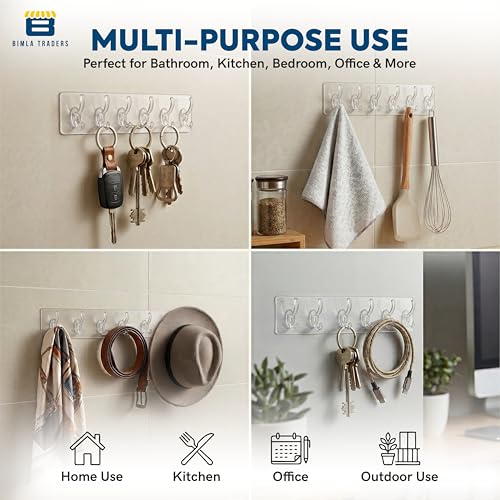 Image of Waterproof Stick on Adhesive Wall Hooks 2 Set of 12 Pcs- Heavy Duty Transparent Hooks for Photo Frames, Wall Clocks, Keys, Hanging Robe | No Damage, Easy Installation |Smart Storage Solution.