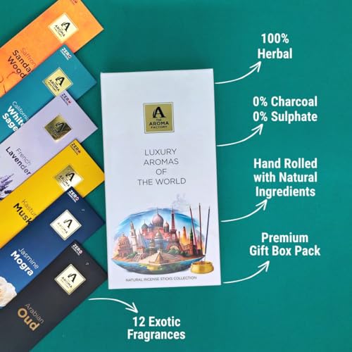 Image of The Aroma Factory Premium Incense Sticks for Pooja | Set of 12 Fragrances Gift Pack 12 (Luxury Aromas of The World)