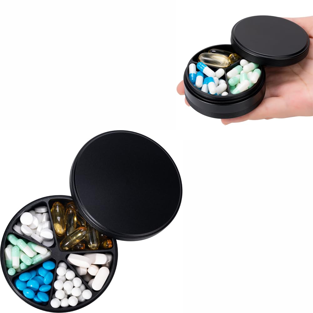 6 Compartment Pill Organizer 3 Compartment Pill Box - Waterproof Metal Pill Organizer Aluminium Alloy Round Daily Medicine