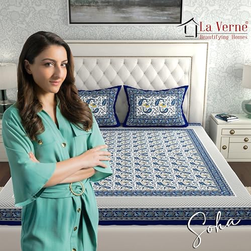 Image of LA VERNE Combo Pack of 2 Double Bedsheet with 4 Pillow Covers | Cotton Double Flat 104 TC Jaipuri Prints Bedsheet 240 X 220 CM (Multicolor 1)