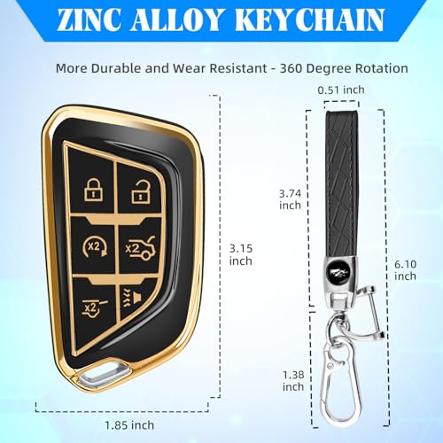 Image of QBUC for Cadillac Key Fob Cover with Leather Keychain (Gold Trim Black) | Soft TPU Protection Case Compatible with 2020-2026 Cadillac Escalade Lyriq Optiq 6-Buttons