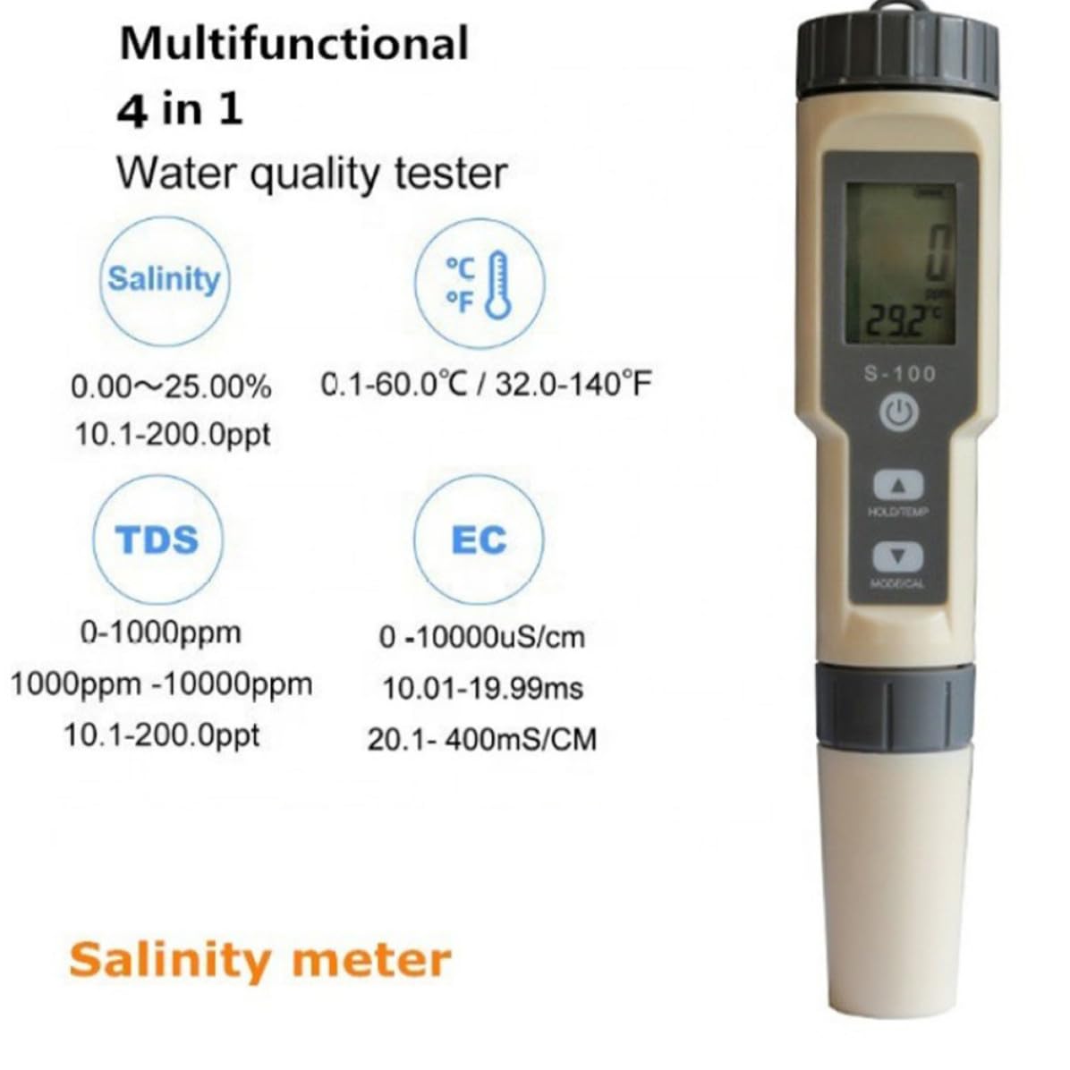 DOITOOL Medidor Fácil de Leer de Salinidad Automático y Probador de Calidad del Agua Bolígrafo Multifunción de Plástico para Estanques y Piscinas de Peces