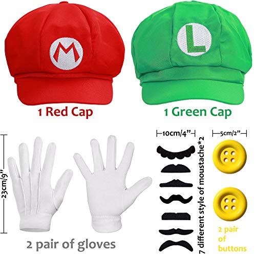 Humairc Super Bros Hats Accessories Set Mary Luigy Caps, Mustaches, Suspenders, Gloves Buttons Halloween Cosplay Costume2