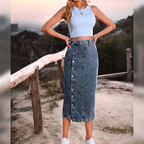 Saia jeans feminina de cintura alta com fenda e botão midi, fenda alta, casual, saia longa, Azul esc