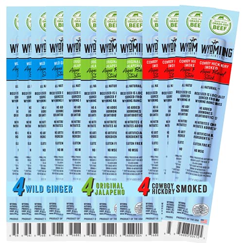 Wyoming 100% Grass Fed Beef Sticks - 4X Each Flavor - Cowboy Hickory smoke, Wild Ginger & Original Jalapeno - Clean Tasty Meat Sticks snacks with 6g of protein made with Angus Beef Sticks, Nitrate Free, Jerky Meat Sticks - No Artificial Ingredients, Individually Wrapped - Pack of 12
