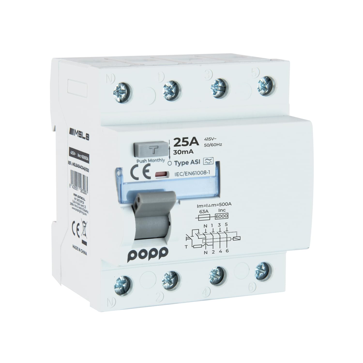 POPP® Electric Interruptor diferencial (RCCB) Superinmunizado gama industrial 3P+N clase ASI 30mA/300mA (25A, 30mA)