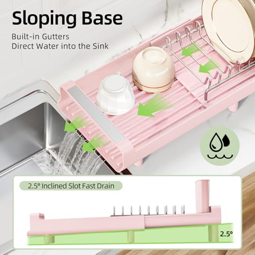 Image of TOOLF Small Dish Drying Rack, Mini Expandable Compact Dish Rack, Slim Extendable Stainless Steel Dish Drainer for Kitchen Plate Storage, Space Saving Dish Strainer in Sink or on Home Countertop, Pink