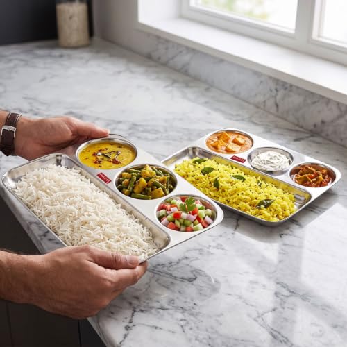 Image of HAZEL 4 Compartment Stainless Steel Lunch Plate Set of 2 | All in 1 Big Section Plate
