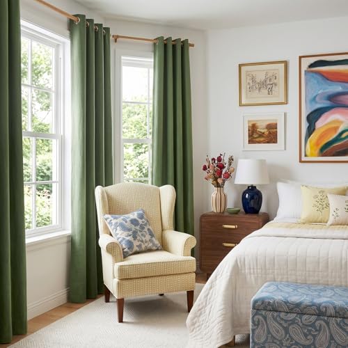 Image of 100% Blackout Shield Linen Textured Total Blackout Curtains for Bedroom 72 Inches Long, Olive Green Grommet Curtains for Living Room, Thermal Insulated Room Darkening Drapes, 50 inch W x 72 inch L, 2 Panels