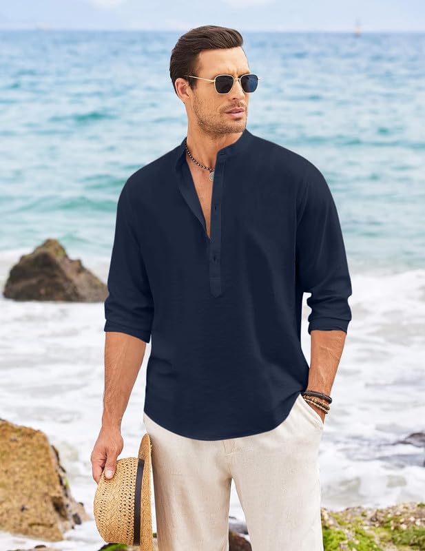 Image of Macsivo Men's Cotton Blend Henley Short Kurta with Mandarin Collar Long Sleeeve Button Closure Curved Hem Regular Fit | Kurta for Men Stylish