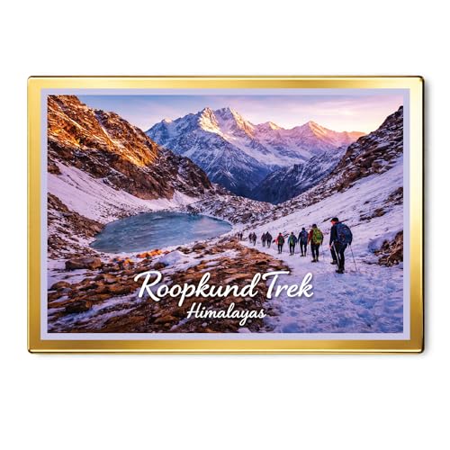 Image of CHANDBB Decorative Fridge Magnet with Glowing Border | Pack of 1 (Roopkund Trek, Himalayas, 4x3 inch - Golden Border)