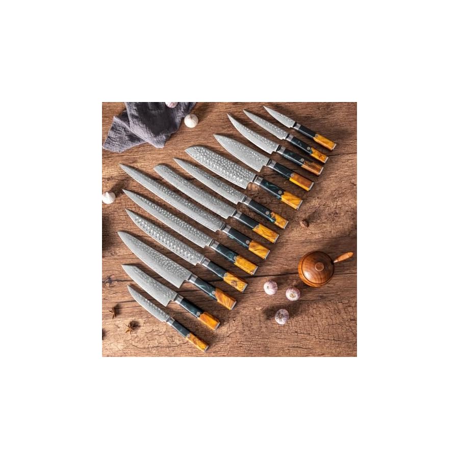 Kitchen-Knife-Set-13-Piece-Professional-Damascus-Chef-KnivesSharp-High-Carbon-Stainless-Steel-BladeVG10-73-Layers-Full-Tang-Deluxe-Blue-Resin-Handle-Damascus-Steel-Knife-SetGift-Box Kitchen Knife Set 13 Piece Professional Damascus Chef Knives,Sharp High Carbon Stainless Steel Blade,VG10 73 Layers, Full Tang Deluxe Blue Resin Handle Damascus Steel Knife Set,Gift Box