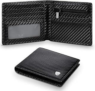 Wallets Mens RFID Blocking Carbon Fibre Leather Mens Wallets, Bifold Mens Wallet with Zipper Coin Pocket, 7 Credit Card Holders, ID Windows, 2 Banknote Compartments, Card Wallet with Gift Box- Black